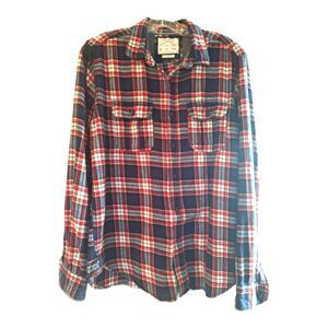 Denim & Flower Flannel Collection Button Up Pockets Red White Blue Plaid L Slim